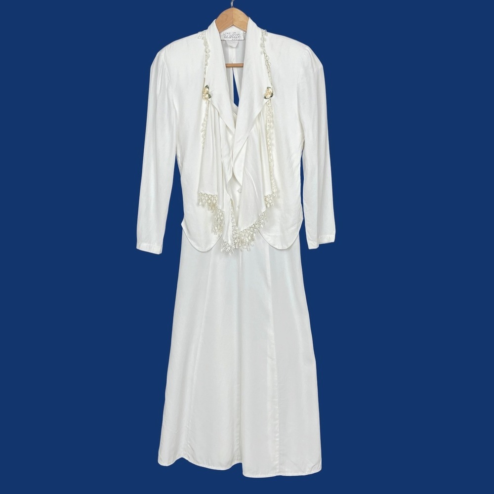 Vintage White Lace Rosette Midi Dress Jacket Set Size 4 Cottagecore Wedding USA‎